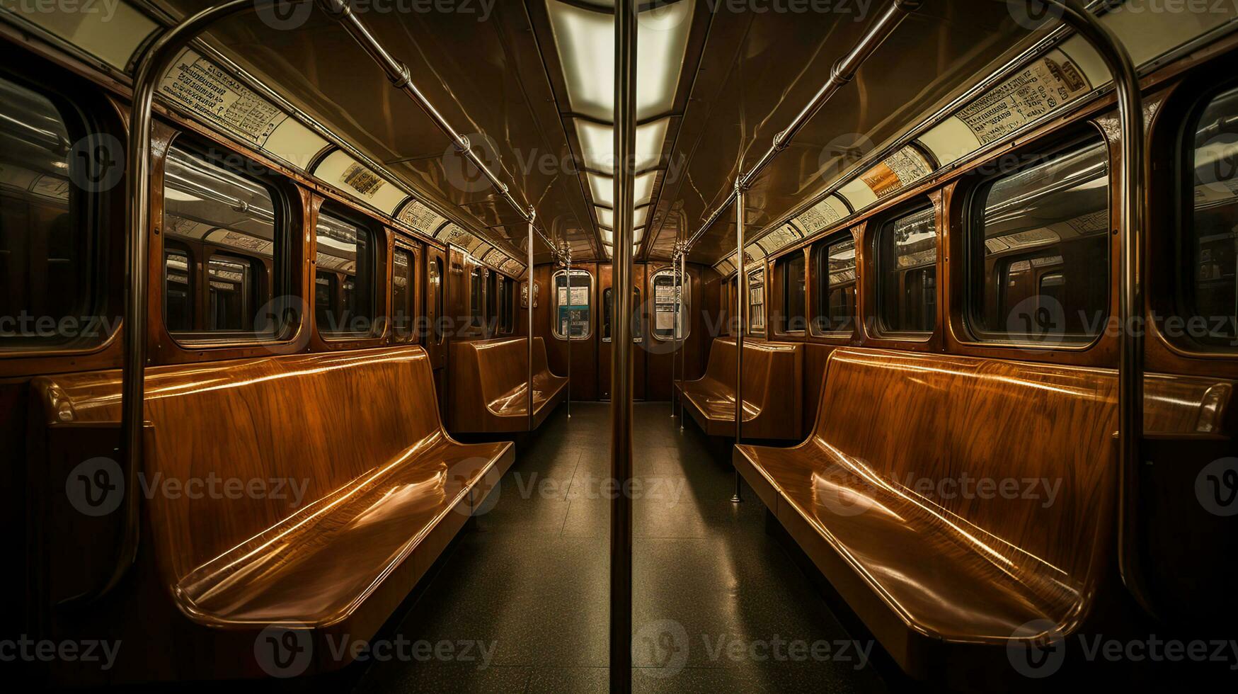 ein U-Bahn Auto gefüllt mit viele von hölzern Bänke, ai generativ foto
