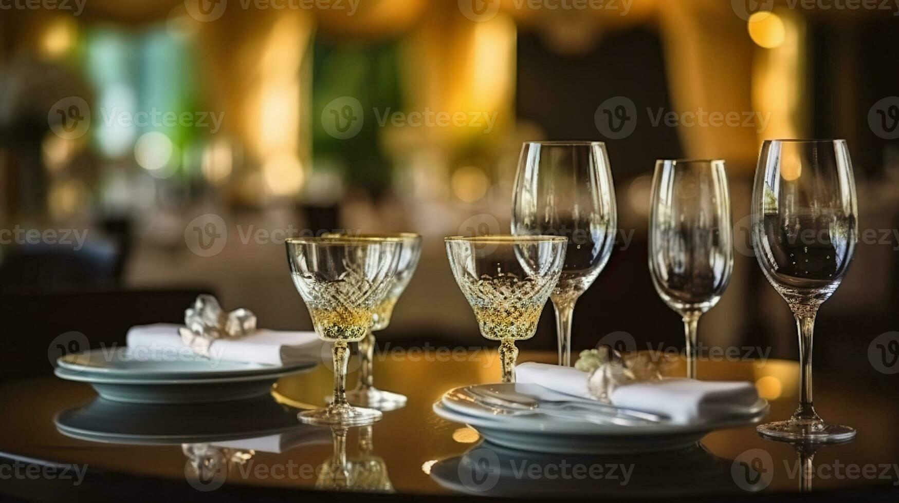 funkelnd Glaswaren und Teller auf lange Tabelle bereit zum Hochzeit Abendessen, generativ ai foto
