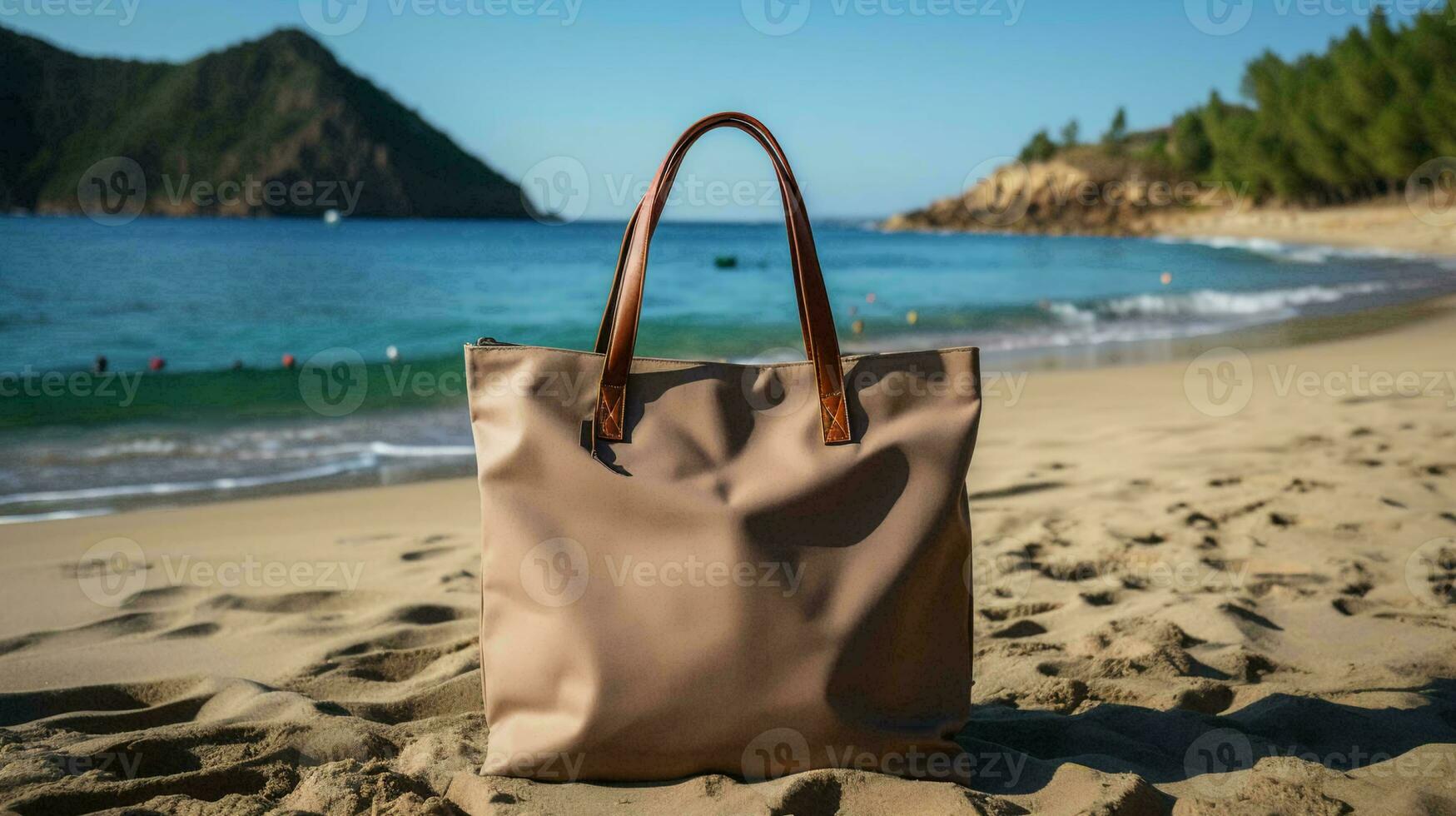 ein einfach umweltfreundlich Stoff Tasche auf das Hintergrund von das Strand auf das Meer foto