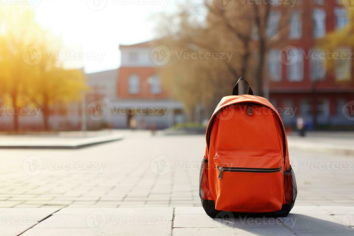 Schule Rucksack im das Park und Schule im das Hintergrund foto