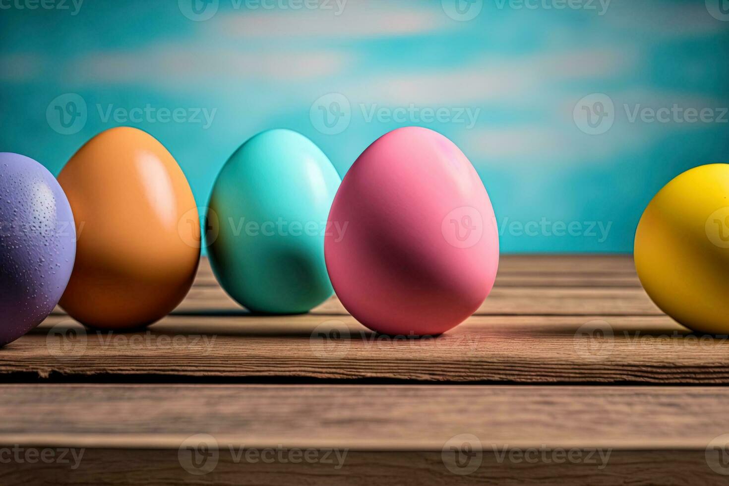 Ostern Eier auf ein hölzern Tabelle Das ist leeren gegen ein beschwingt Hintergrund. nützlich zum Essen steht, Haupt visuell Arrangements, oder Anzeigen zum Neu Produkte. generativ ai foto