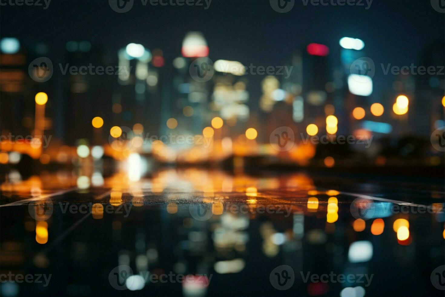 abstrakt Nacht Szene, Stadt Beleuchtung Bokeh schafft ein faszinierend Stadtbild ai generiert foto