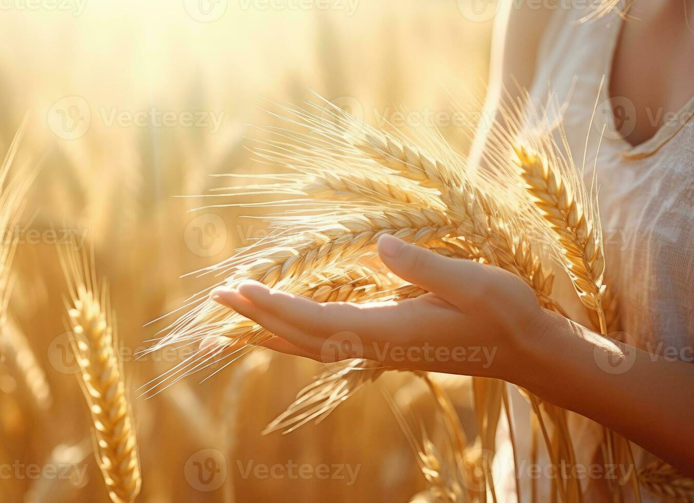 ein Frauen Hände halten ein Bündel von Weizen Stiele im ein Weizen Feld. ai generiert foto