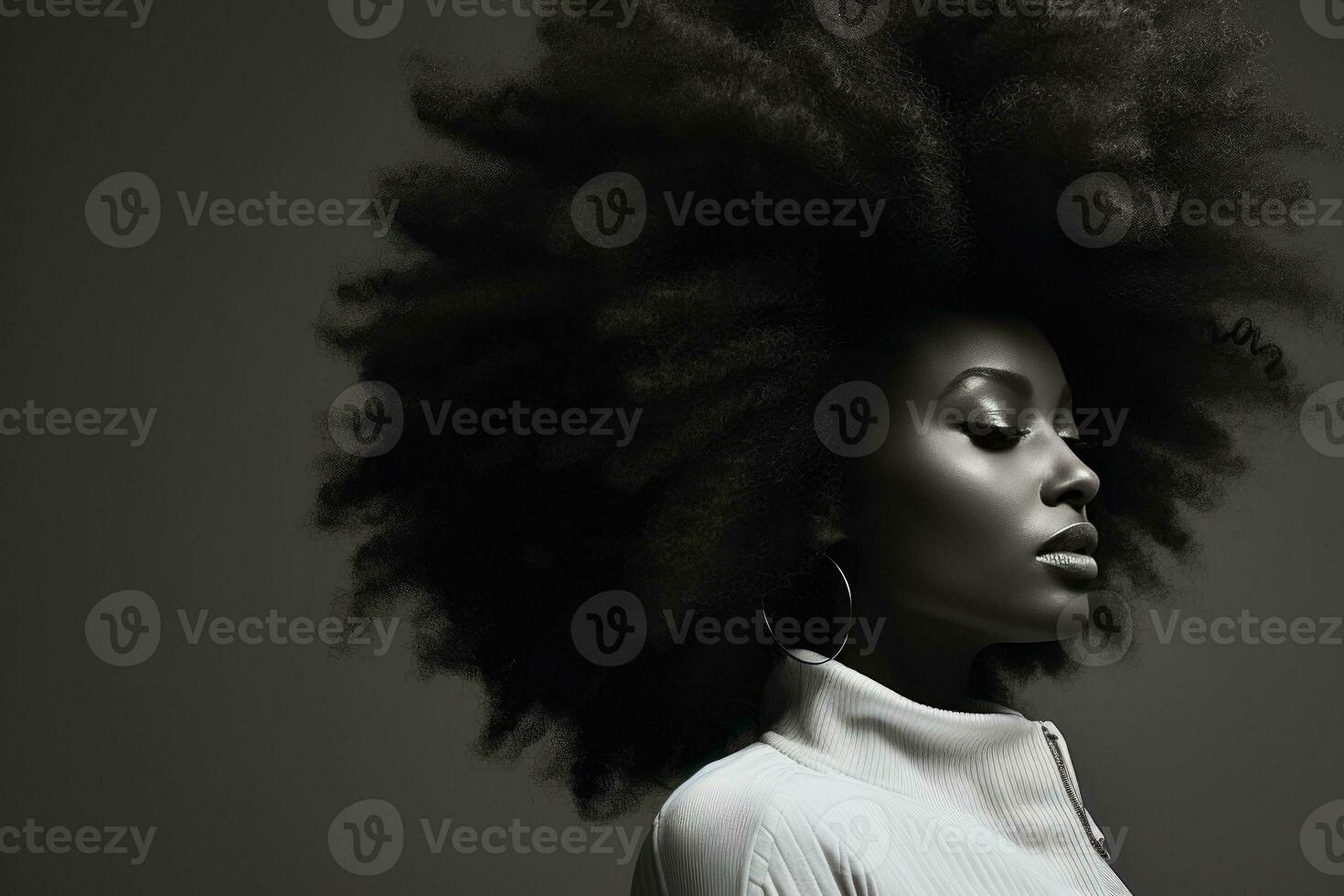 schwarz und Weiß Porträt von ein afrikanisch amerikanisch Frau mit afro Haar. ai generiert foto