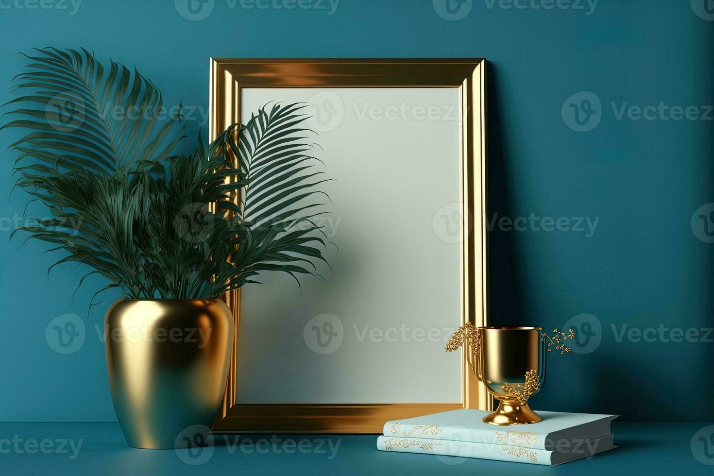 Attrappe, Lehrmodell, Simulation von ein Poster Rahmen mit Blau Hintergrund und Gold Palme Pflanzen im ein Vase. Foto Rahmen mit ein Vorderseite Aussicht auf ein Schreibtisch oder ein Weiß Buch Regal. Innere, erstellt digital. generativ ai