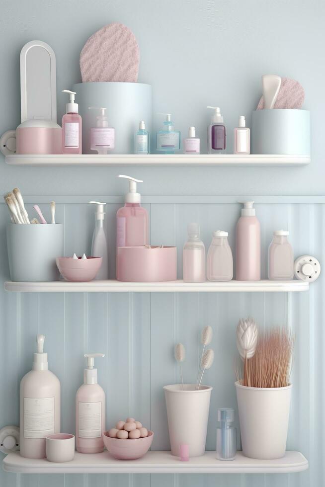 Pastell- Hautpflege Produkte vereinbart worden im ein Weiß Badezimmer. Barbiecore hell Palette bilden Banner. ai generativ foto