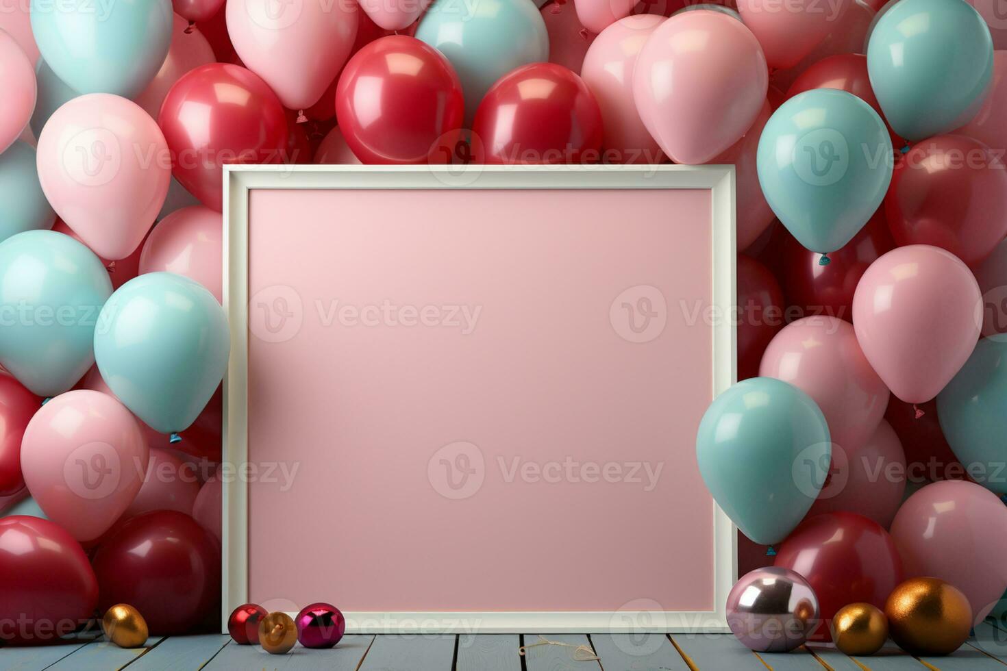 Pastell- Ballon rahmen, Konfetti, Rosa Tisch, oben Aussicht Attrappe, Lehrmodell, Simulation ai generiert foto