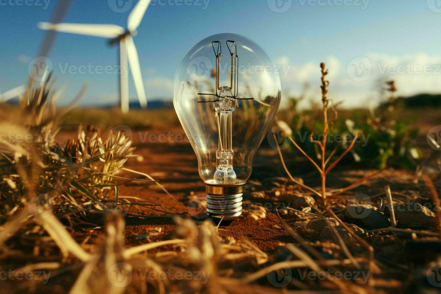 umweltfreundlich Beleuchtung, Solar- Tafel, Wind Turbine Leistung die Glühbirne auf Boden ai generiert foto