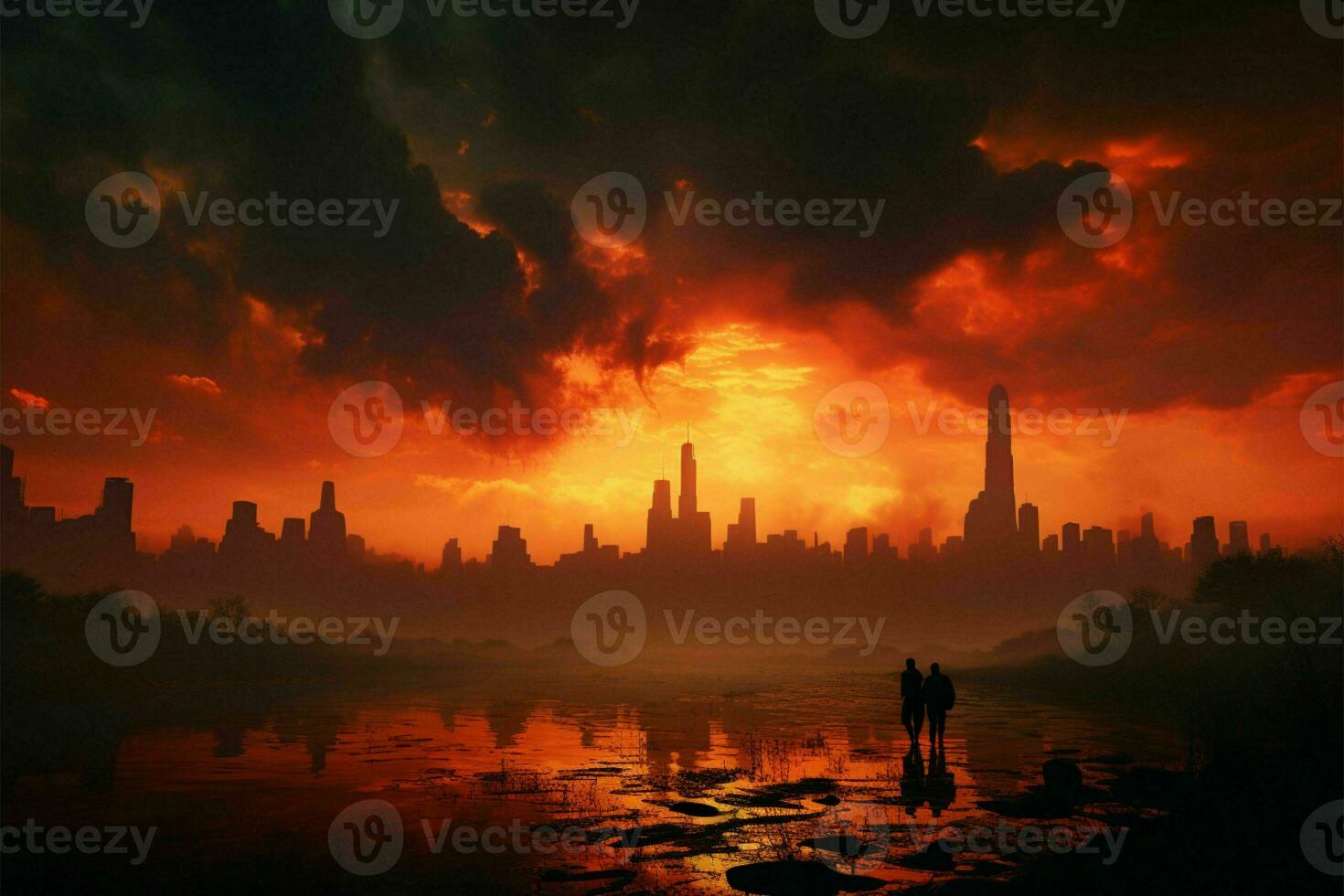 Smog Stadt im Sommer, Sonnenlicht kämpft ai generiert foto