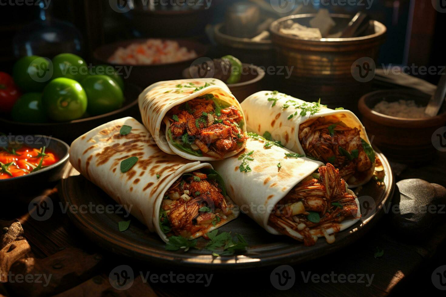 lecker Hähnchen wickeln, Kräuter und Gewürze, ein al Fresko Mittagessen ai generiert foto