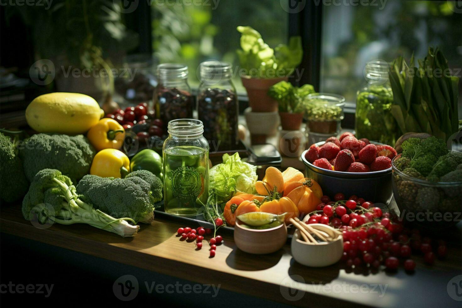 gesund Essen Konzept verkörpert durch frisch Gemüse und Früchte auf ein Büro Schreibtisch ai generiert foto