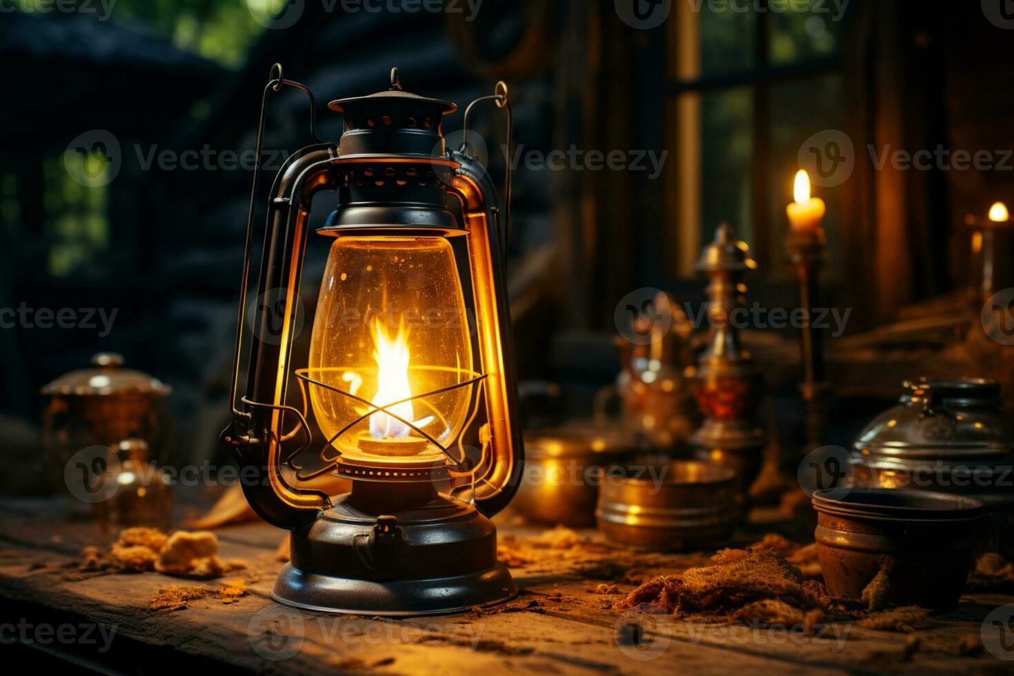 glühend Öl Lampe im sonnendurchflutet rustikal Scheune in der Nähe von Fenster ai generiert foto
