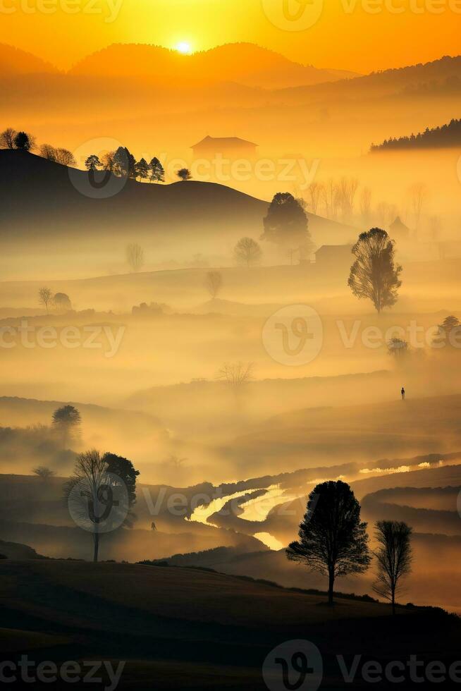 ein heiter Landschaft kommt am Leben mit ein Sanft Nebel Decke das Erde Erstellen ein ätherisch Ambiente auf ein November Morgen foto