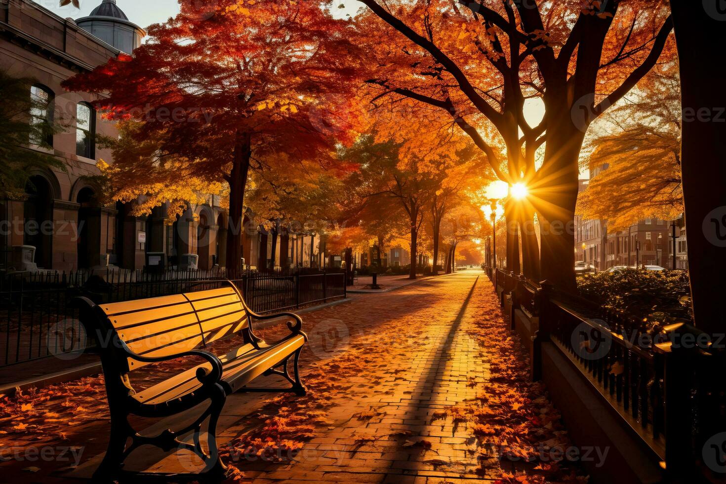 das Rahmen Sonne Abgüsse ein warm golden glühen Über das Stadt Hervorheben das beschwingt fallen Laub und still Straßen foto