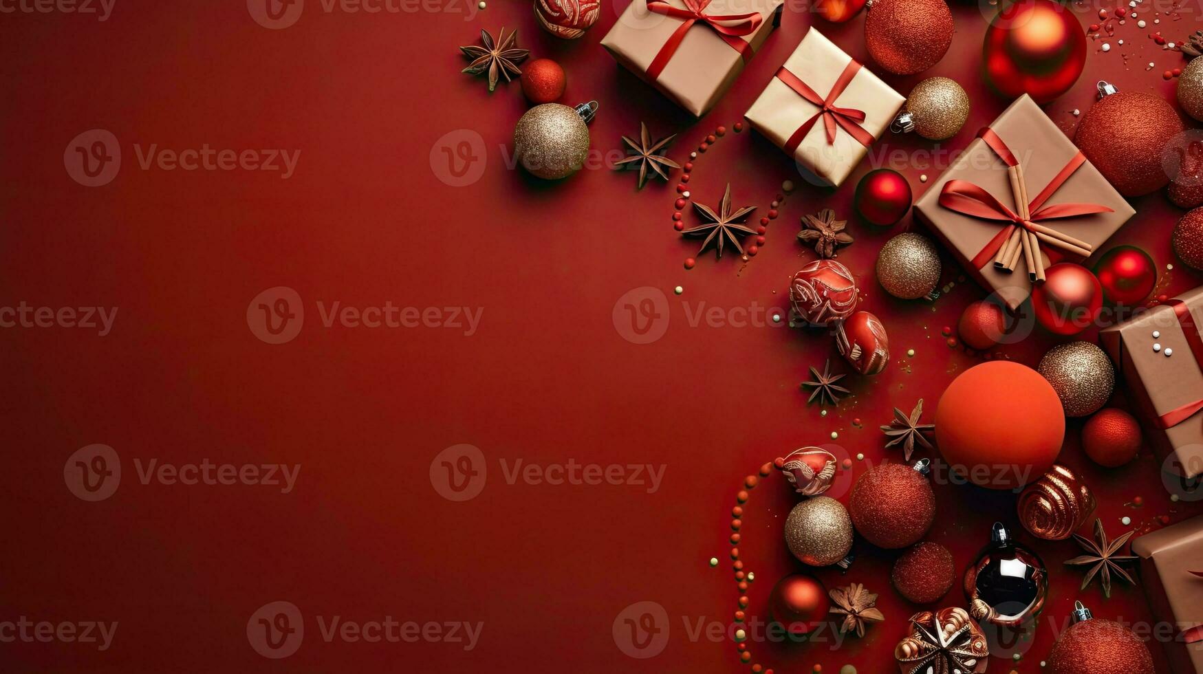 Weihnachten Tag, oben Aussicht von Weihnachten Geschenk Kisten und Tanne Baum Geäst auf rot Hintergrund, Kopieren Raum. generieren ai foto