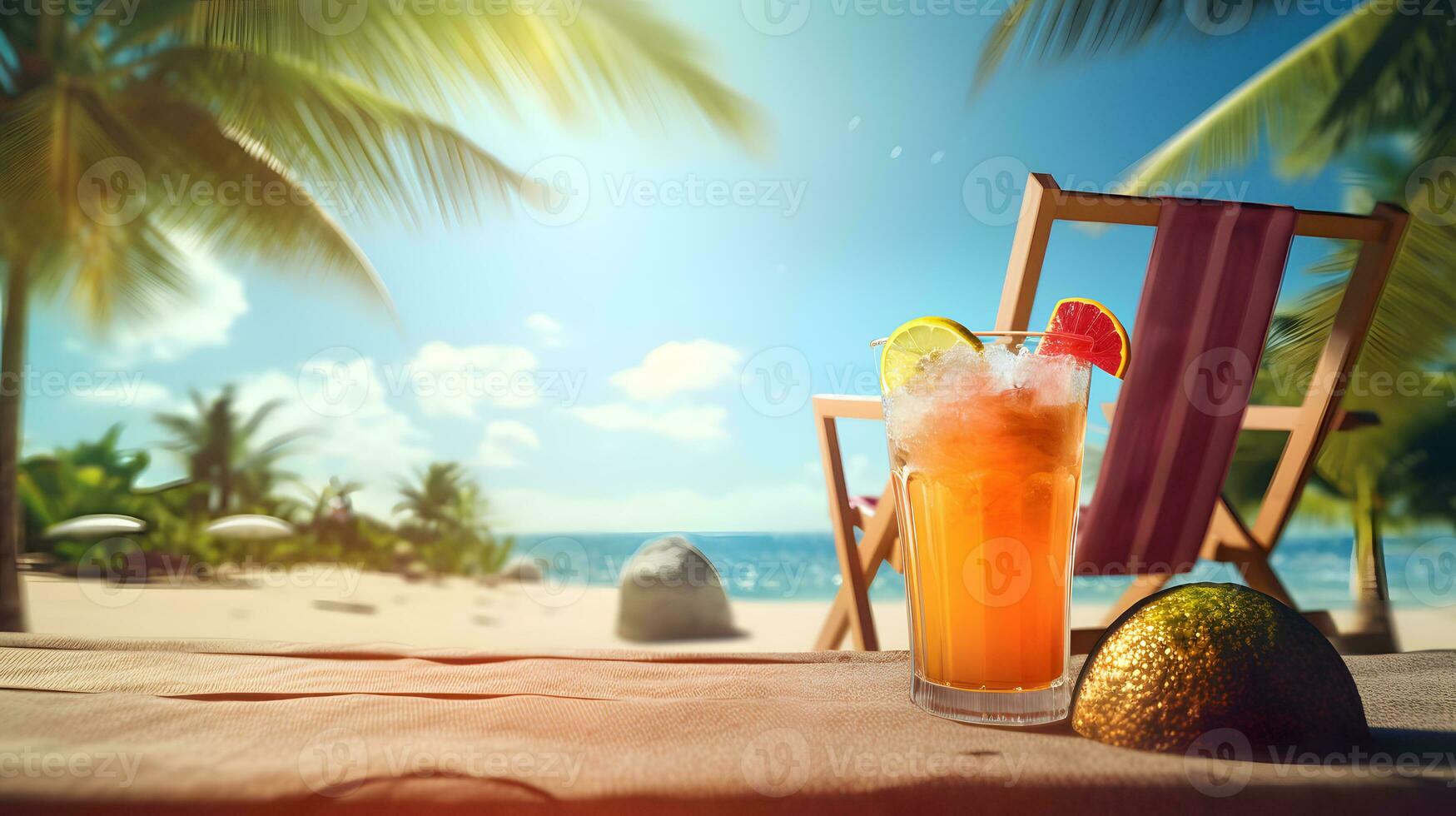 Cocktail auf das Strand mit Palme Bäume und Meer Hintergrund foto