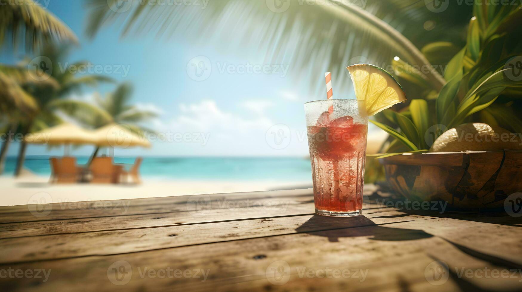 Cocktail auf ein tropisch Strand mit Palme Bäume und Weiß Sand foto
