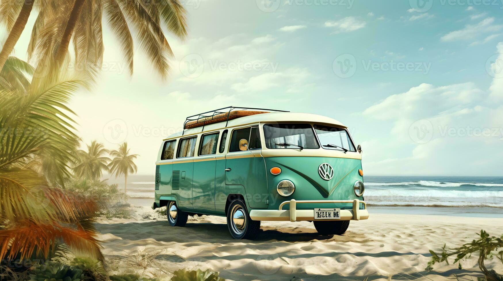 Jahrgang Auto auf das Strand mit Palme Bäume foto