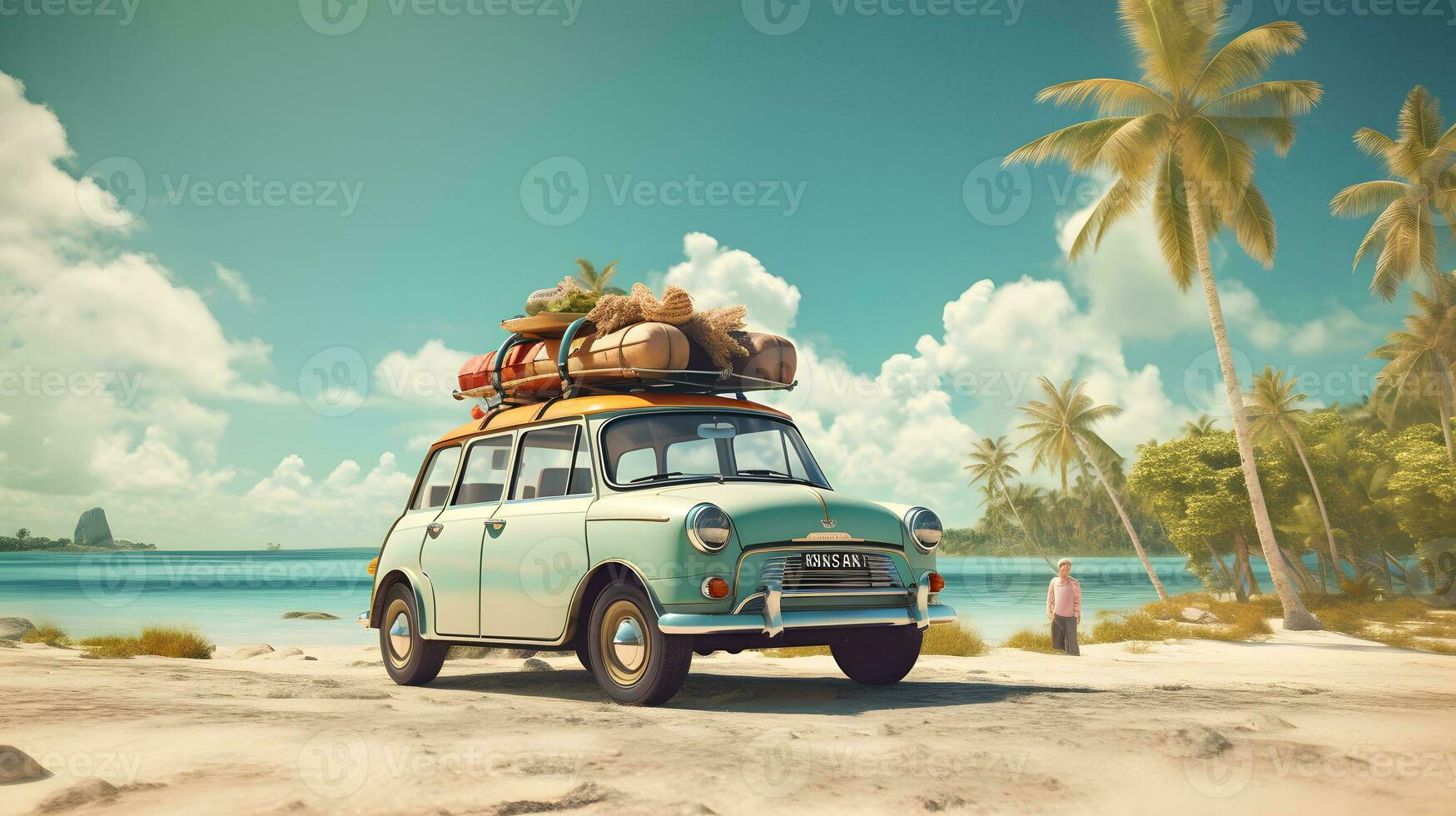 Jahrgang Auto auf das Strand mit Palme Bäume foto