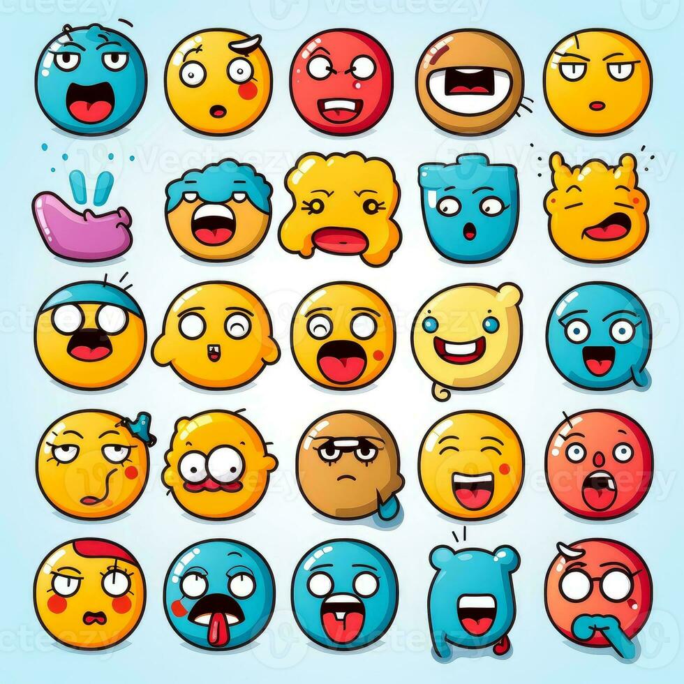 einstellen von Karikatur Gesichter Ausdrücke, Gesicht Emojis, Aufkleber, Emoticons, Karikatur komisch Maskottchen Zeichen Gesicht Satz, generativ ai Illustration foto