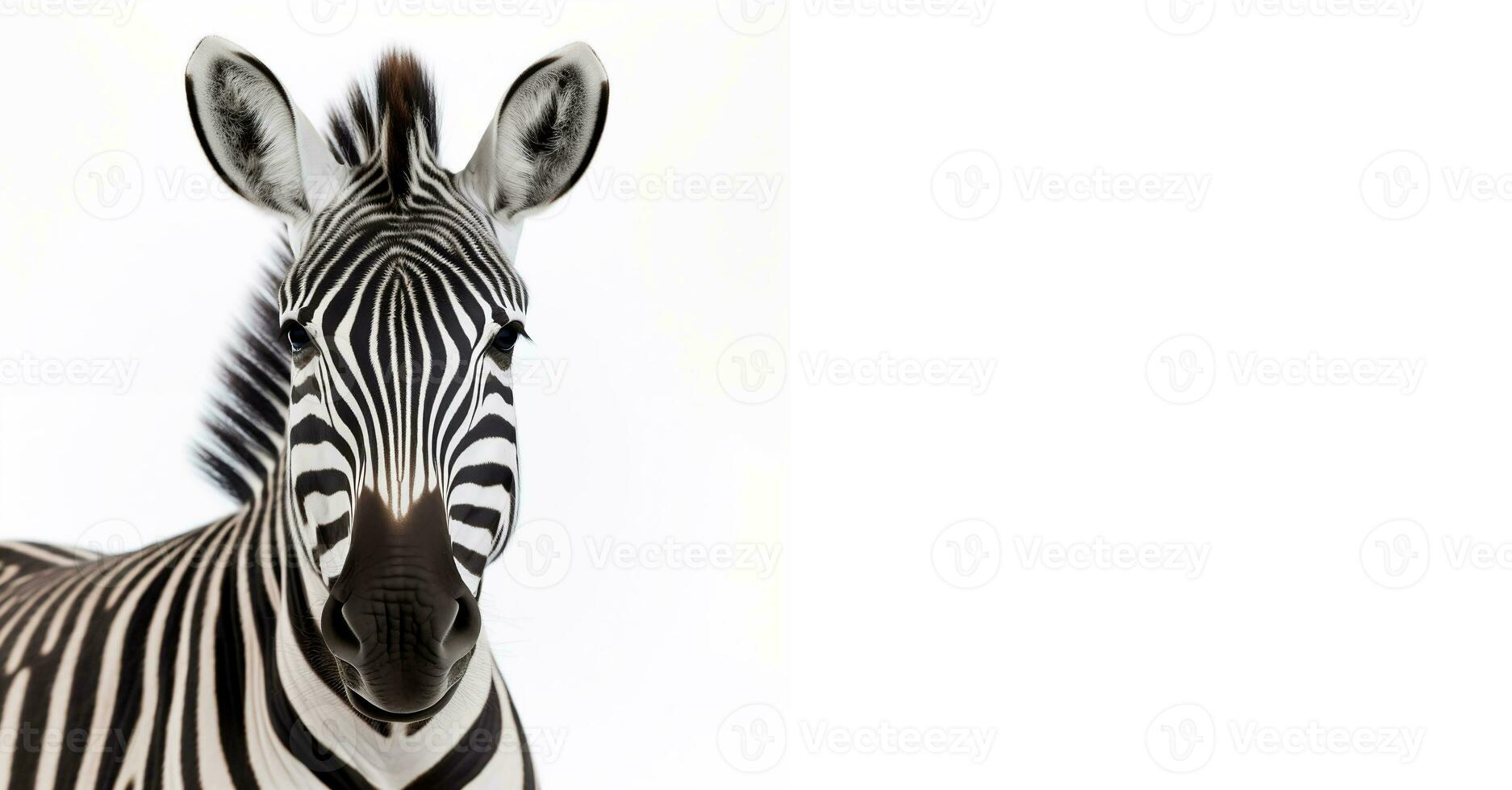 ein Zebra isoliert auf ein Weiß horizontal Hintergrund mit Raum zum Text. generativ ai foto