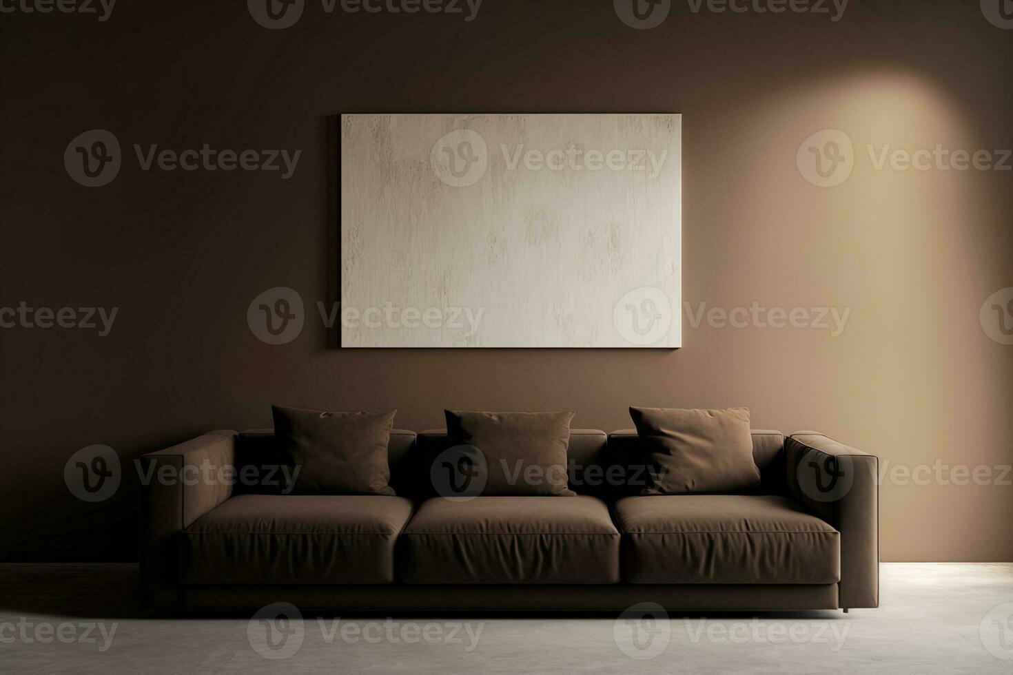 ein zeitgenössisch Zimmer Innere Hintergrund mit ein anspruchsvoll braun Sofa und ein Beige Mauer ist gesehen. generativ ai foto