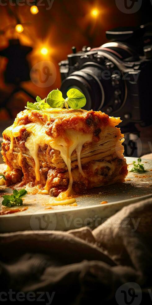 ein Stapel von Lasagne gestapelt auf oben von einer Ein weiterer foto