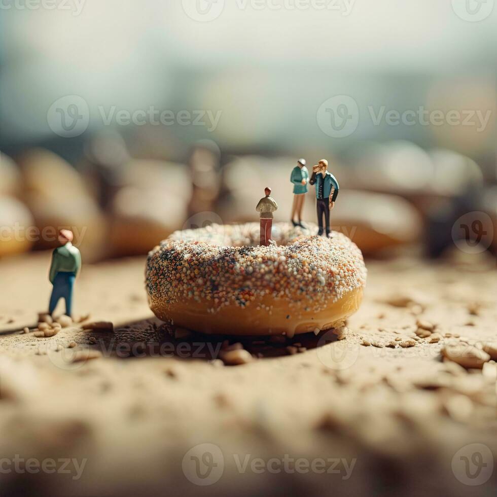 Sozial Strukturen Krapfen mit Marshmallows und winzig Menschen, ai generiert foto