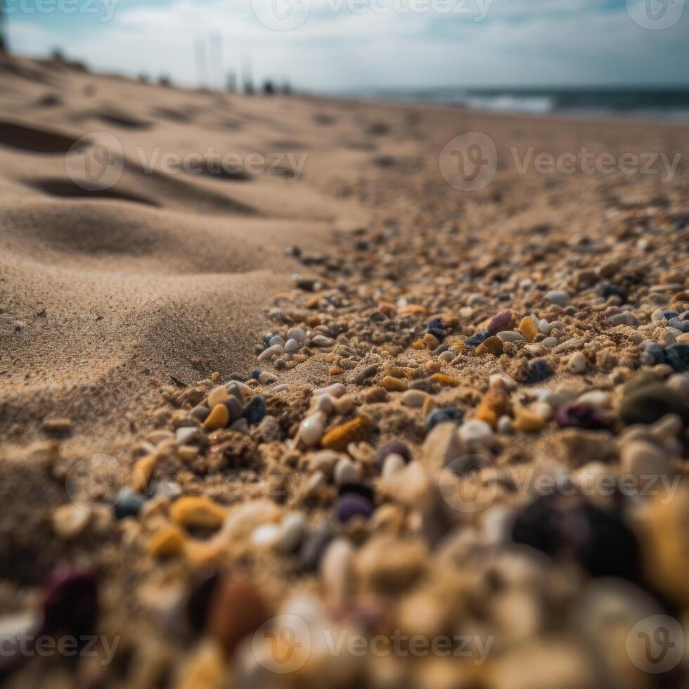 Nahansicht von ein körnig sandig Strand generativ ai foto