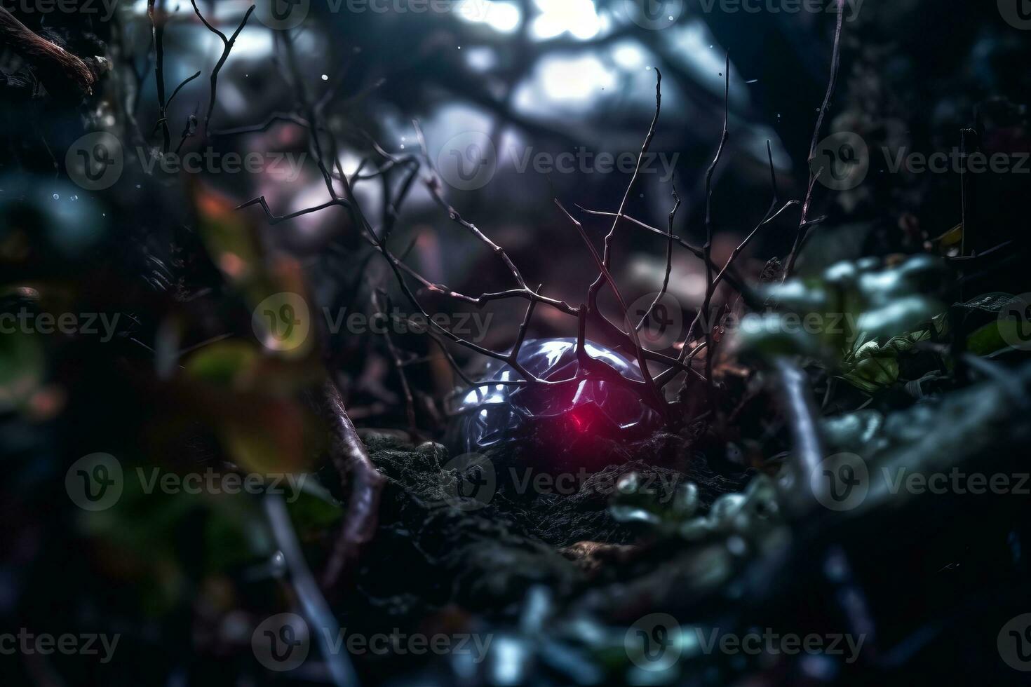 ein rot Ball im das Mitte von das Wald generativ ai foto