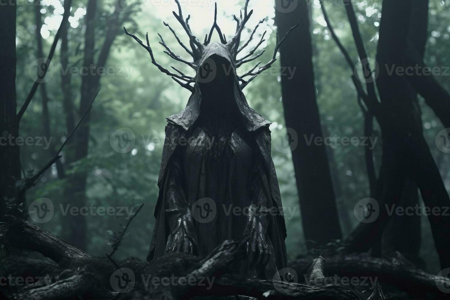 ein Frau im ein mit Kapuze Kleid steht im das Mitte von ein dunkel Wald generativ ai foto