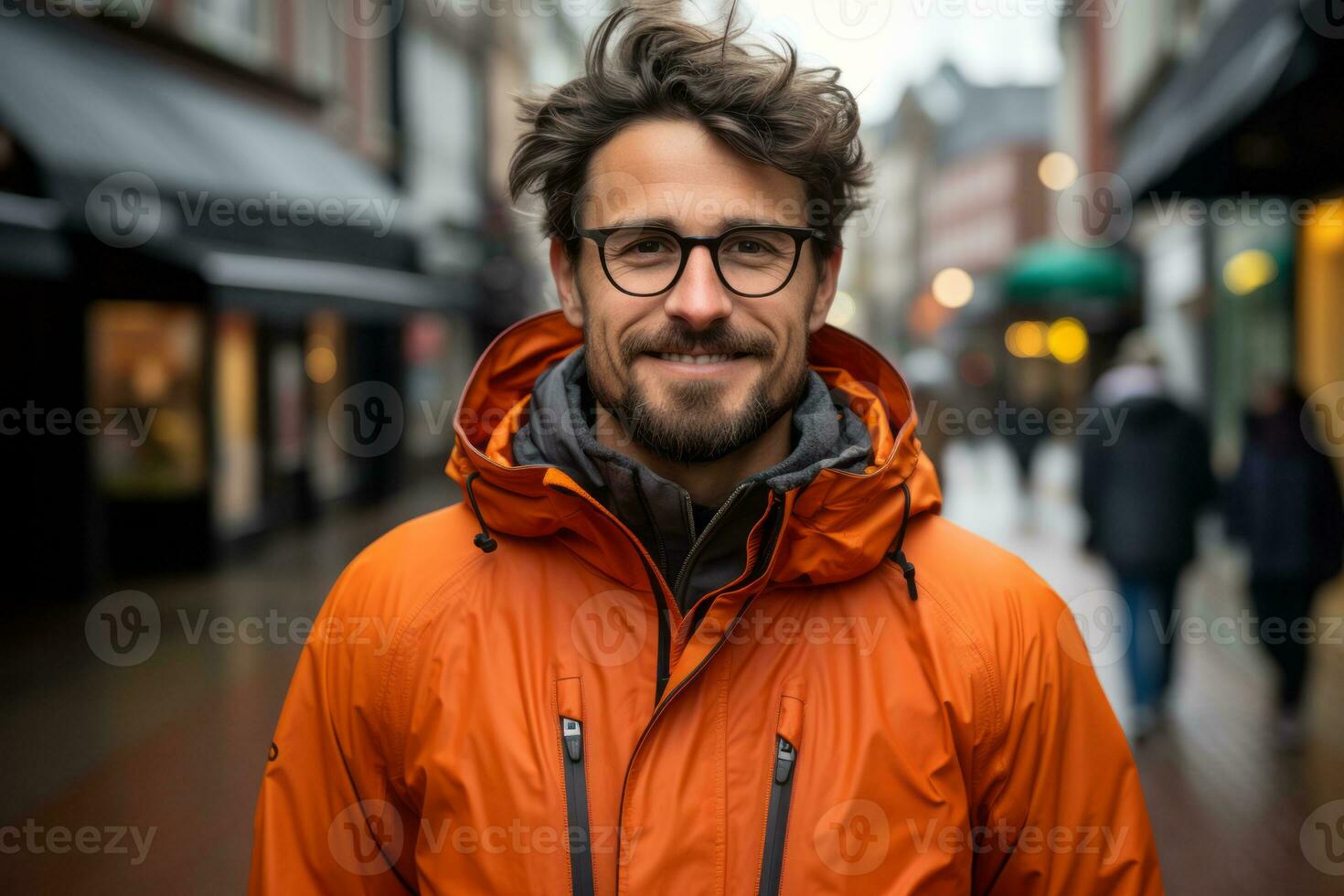 ein Mann im ein Orange Jacke und Brille Stehen auf ein Stadt Straße generativ ai foto