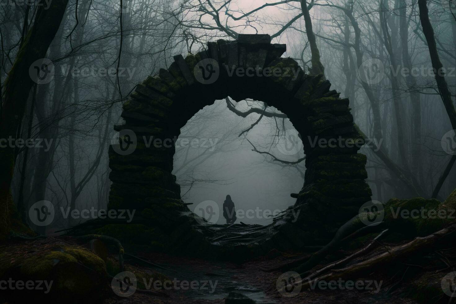 ein Person Stehen im Vorderseite von ein Stein Bogen im das Mitte von ein dunkel Wald generativ ai foto