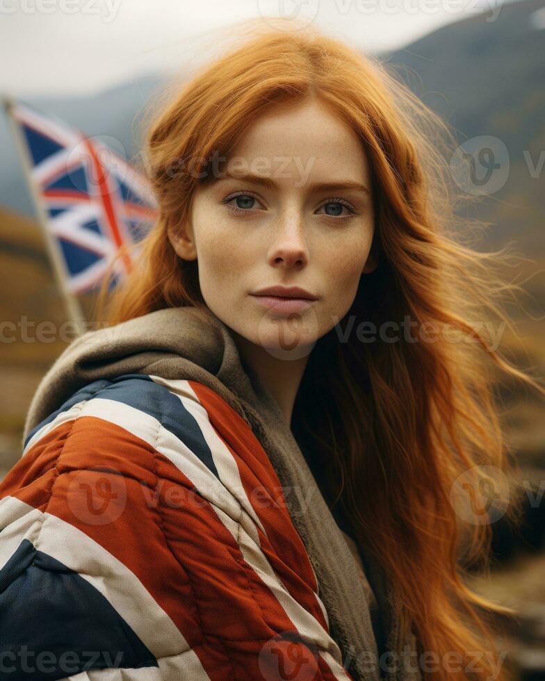 ein Frau mit rot Haar und ein britisch Flagge drapiert Über ihr Schultern generativ ai foto