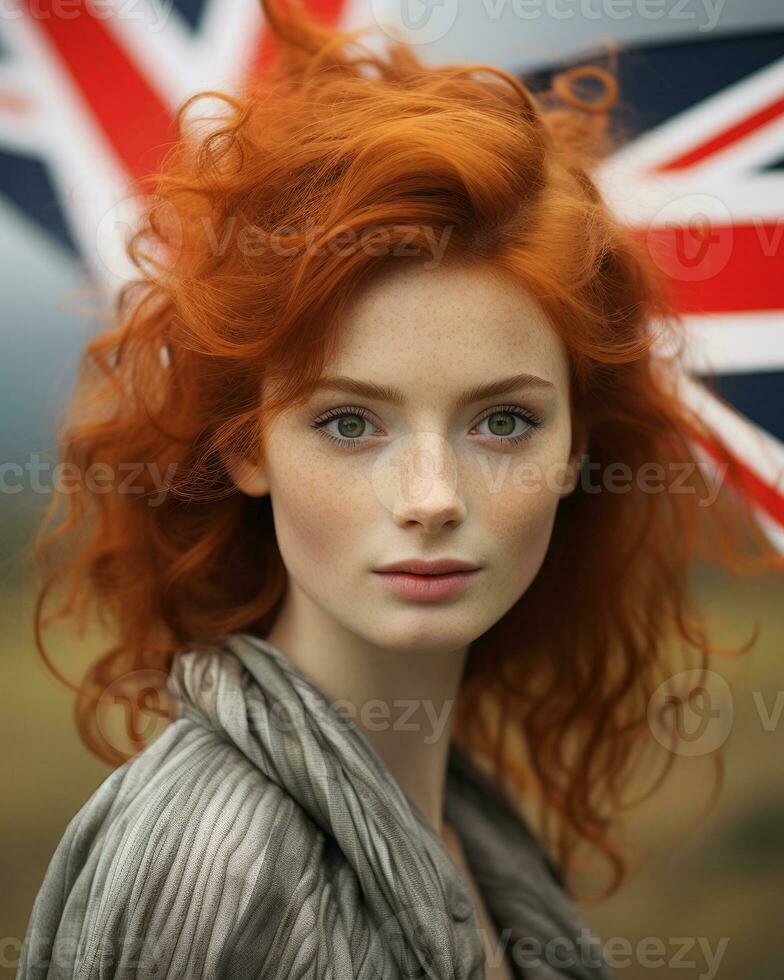 ein Frau mit rot Haar und ein Union Jack Flagge im das Hintergrund generativ ai foto