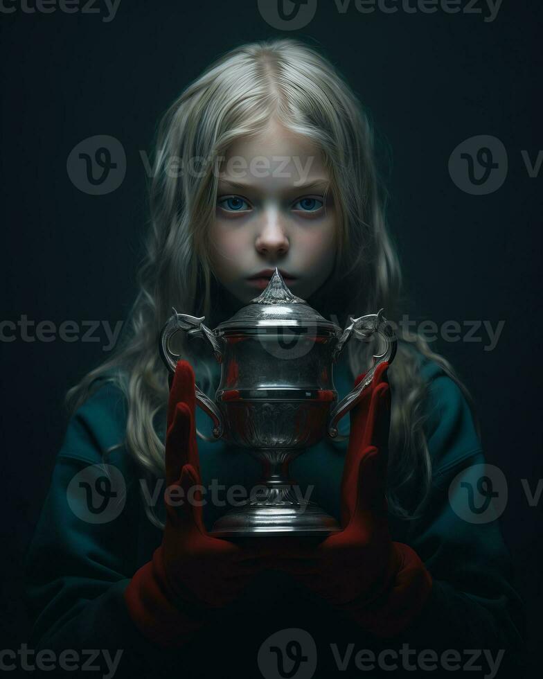 ein jung Mädchen mit rot Handschuhe halten ein Silber Trophäe generativ ai foto