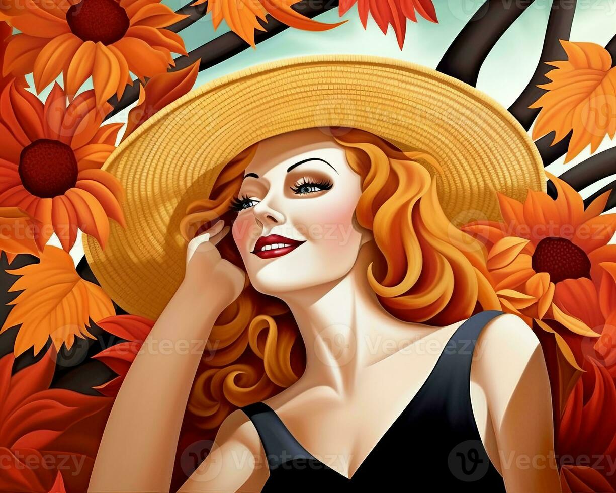 ein Illustration von ein Frau im ein Hut und Sonnenblumen generativ ai foto