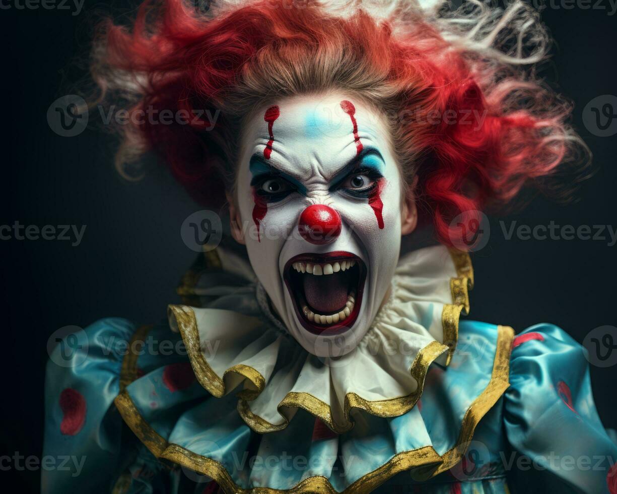 ein Bild von ein unheimlich Clown mit rot Haar generativ ai foto