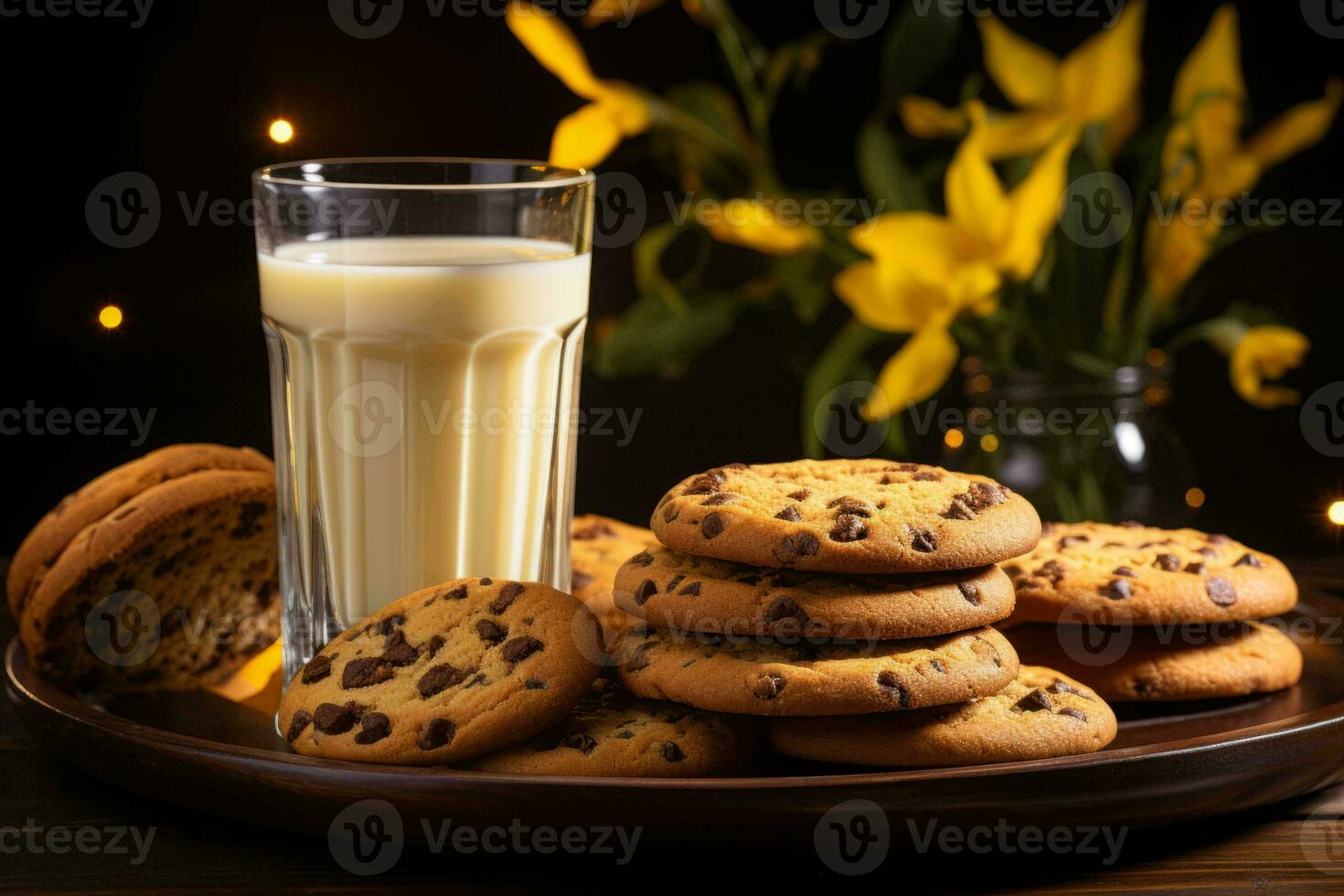 Schokolade Chip Kekse und Glas von Milch auf ein hölzern Teller auf ein dunkel Hintergrund mit Gelb Narzissen Banco de stellt sich vor generativ ai foto