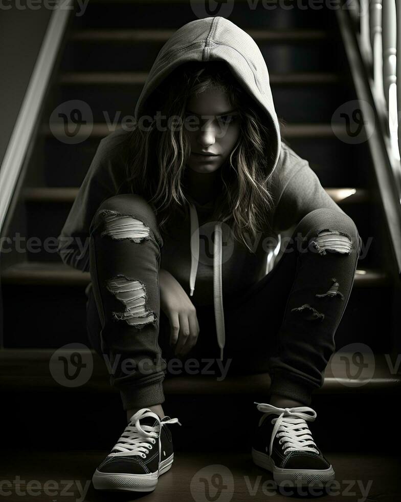 ein jung Frau im ein Kapuzenpullover Sitzung auf das Treppe generativ ai foto