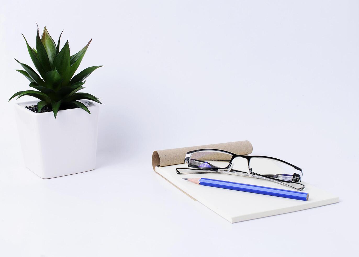 blauer Bleistift mit Brille auf Notizblock und Blumentopf auf weißem Hintergrund foto