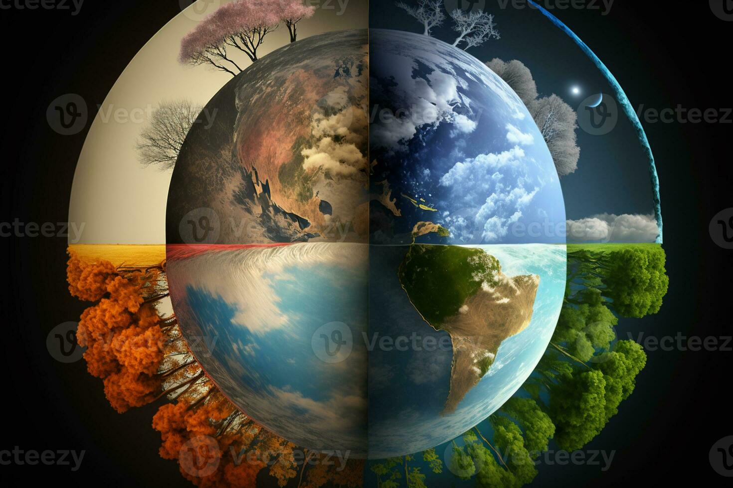 arafiert Bild von ein vier Panel Bild von ein Planet mit Bäume und Wolken. generativ ai. foto
