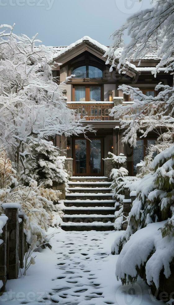 schneebedeckt Pfad führen zu ein Haus mit Schritte führen oben zu Es. generativ ai. foto