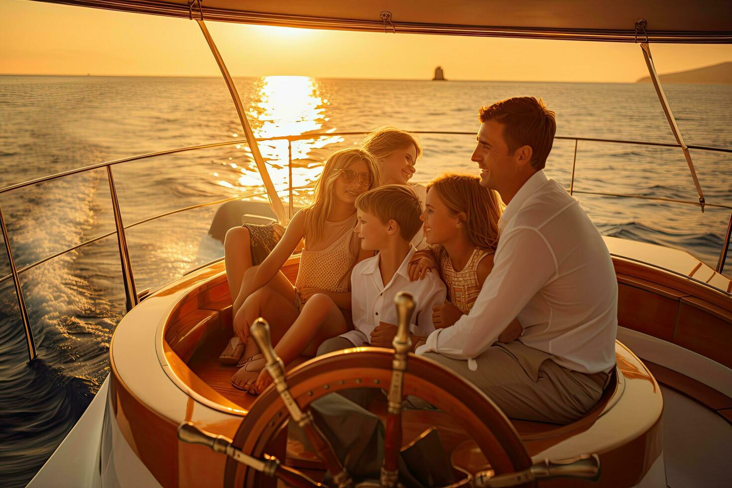 Familie Reise Abenteuer auf Luxus Yacht beim Sonnenuntergang ,generativ ai foto