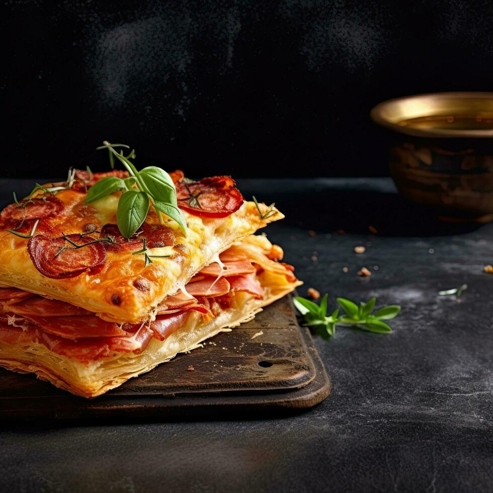 Pizza Napoleon ,Italienisch Essen auf ein dunkel rustikal Hintergrund, generativ ai. foto