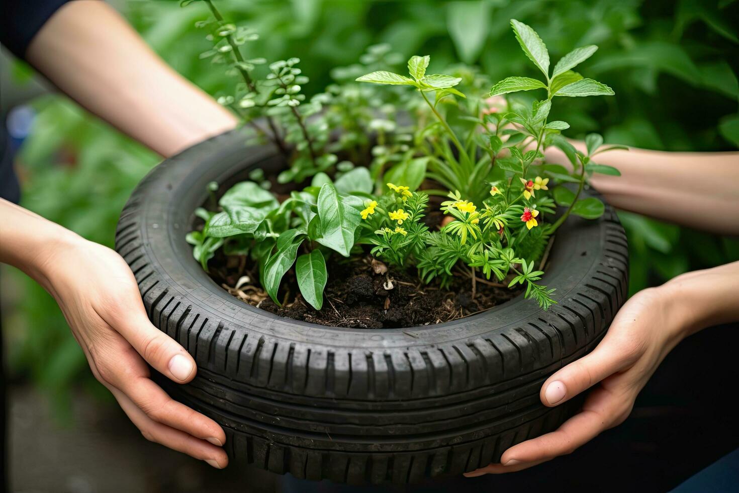 ein Hände Umnutzung ein alt Reifen in ein Garten Pflanzer, demonstrieren das kreativ Potenzial ,generativ ai foto