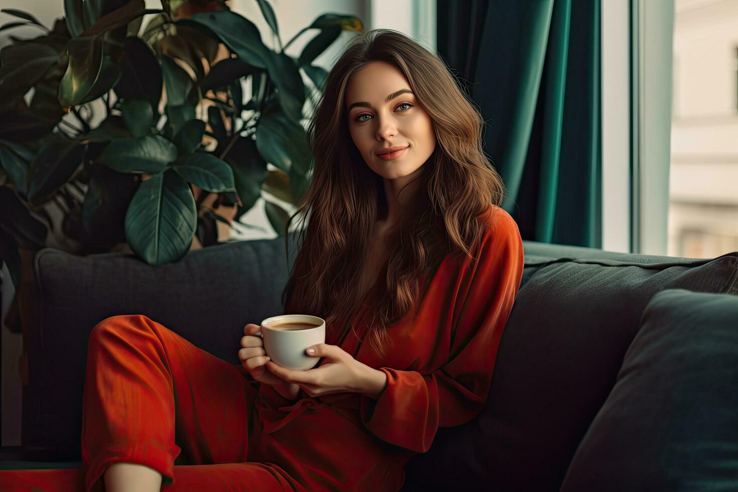 ein Frau Trinken Kaffee im Zuhause , generativ ai foto