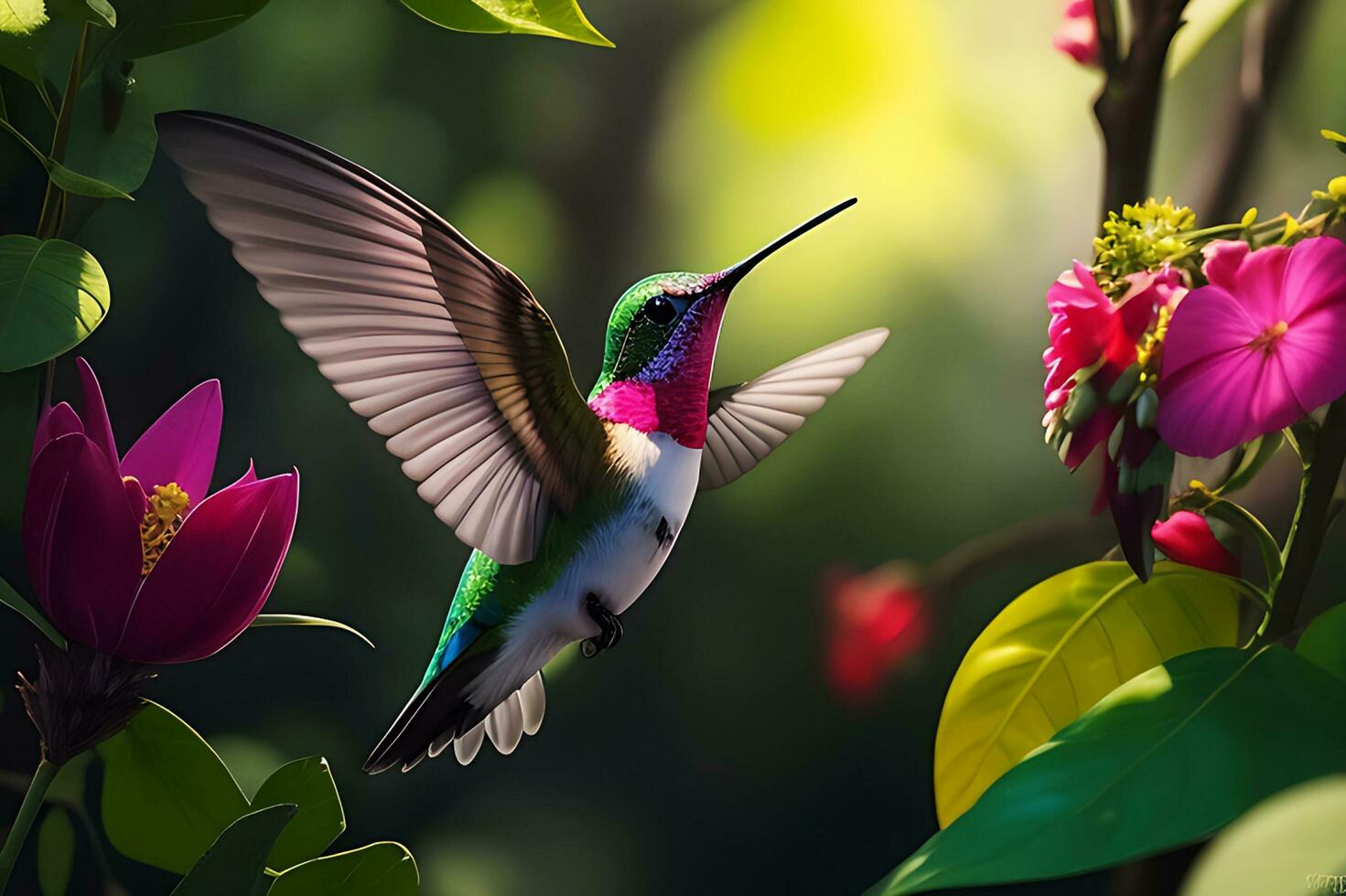 ein bunt Kolibri auf das Wald, ai generieren foto