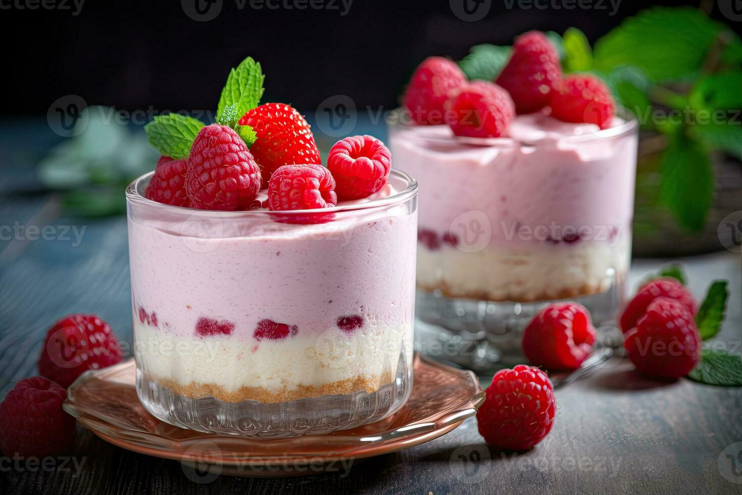 Scheibe von Himbeere Käsekuchen auf ein Platte, ai generiert foto