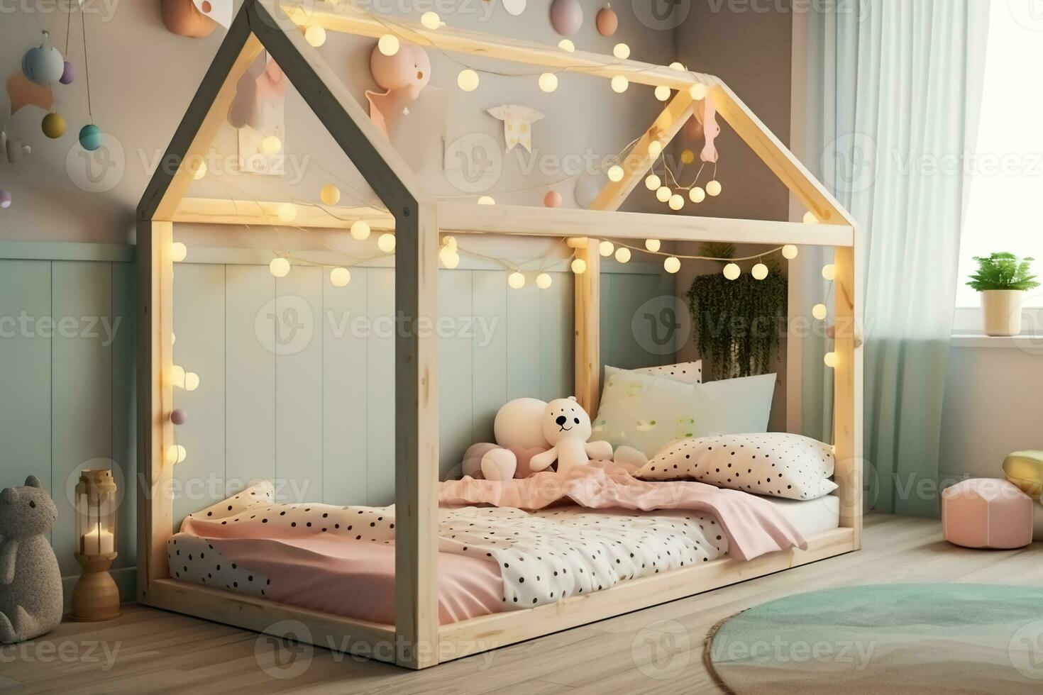Kinder Haus Fußboden Bett Rahmen mit Plüschtiere und Aquarell Magie. generativ ai foto